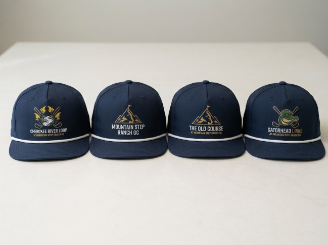 Four navy Mountain Step Ranch GC course hats: Cherokee River Loop, Mountain Step Ranch GC, The Old Course, and Gatorhead Links